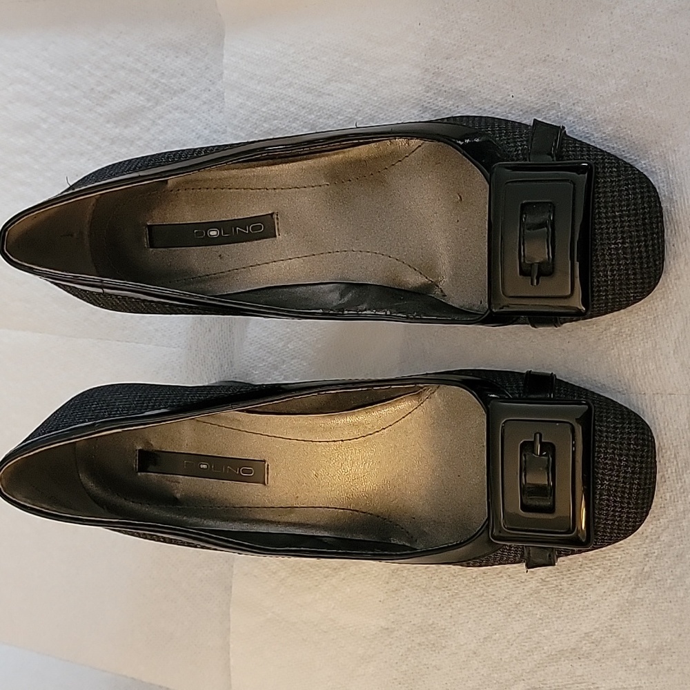 Beautiful black and grey tweed with black patton leather trim. 3in. chunky heel.